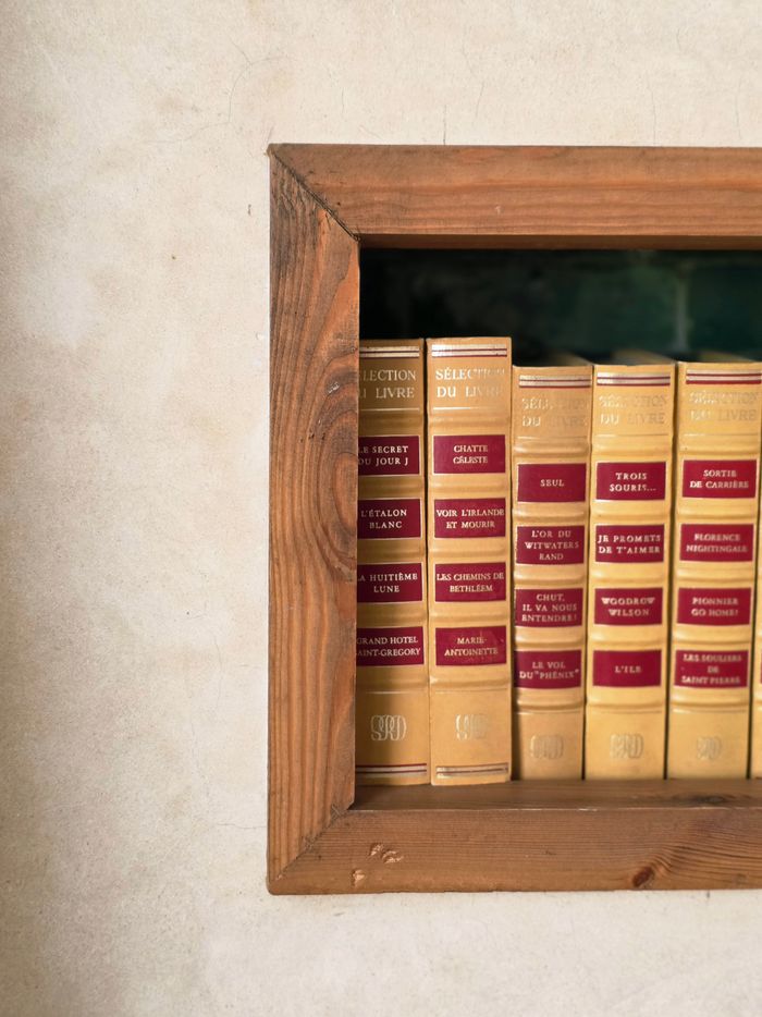 Vintage books in a rustic wooden bookcase in Essaouira, Morocco.